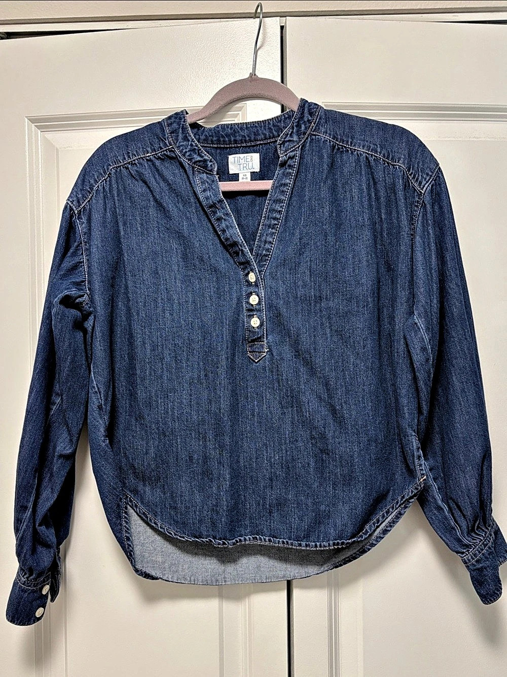 Time and Tru Women's Denim Popover Shirt Blue Button Front Top